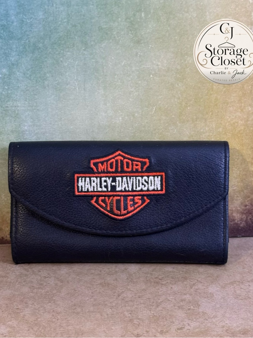 Harley-Davidson Black Leather Women's Wallet with Orange & White Logo Patch